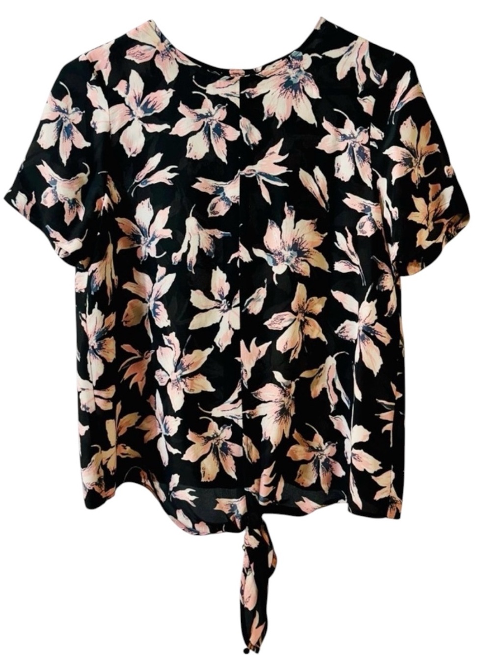 Madewell Lightweight Semi-Sheer 100% Silk‎ Black & Pink Floral Print SS Sz XS